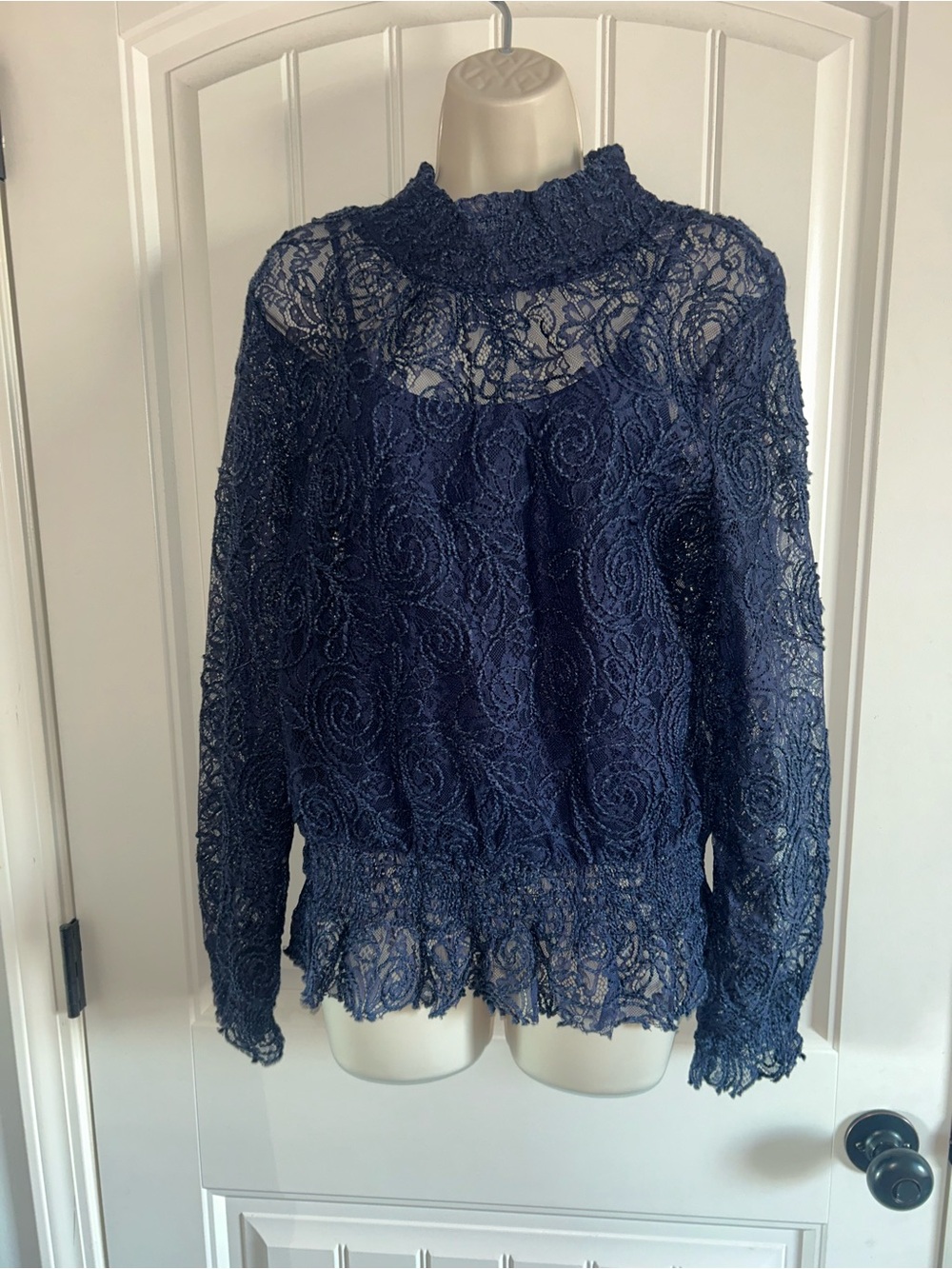 NEW Self Contrast Women's Navy Lace High-Neck Long-Sleeve Blouse Sz S